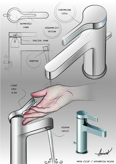 a drawing of a person's hand next to a faucet