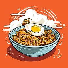 a bowl of noodles with an egg on top and clouds in the sky above it