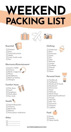 the ultimate weekend packing list is shown in black and white with an orange ribbon around it