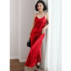 Brand Name: WOQNSilhouette: Fit and FlareOrigin: CN(Origin)Season: SummerNeckline: V-NeckSleeve Style: Spaghetti StrapDecoration: NONEStyle: CasualDresses Length: Ankle-LengthMaterial: PolyesterMaterial: RayonMaterial: AcetateAge: Ages 18-35 Years OldProfile Type: HModel Number: summer dress women 2021Closure Type: PulloverSleeve Length(cm): SleevelessType: CamisoleRelease Date: Summer 2021Fabric Type: SATINGender: WOMENMaterial Composition: Synthetic FiberWaistline: NaturalPattern Type: SolidSi Red Sleeveless Suspender Dress For Party, Red Satin Slip Dress For Date Night, Party Midi Slip Dress, Midi Party Slip Dress, Midi Length Party Slip Dress, Red Satin Slip Dress For Spring, Red Maxi Length Slip Dress For Summer, Red Maxi Slip Dress For Summer, Fitted Red Suspender Dress For Party