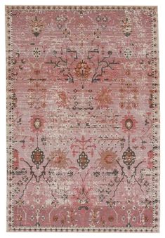 a pink rug with an ornate design on the top and bottom, in different colors