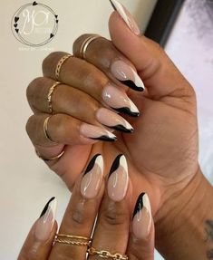 Classic Black And White Nails Designs To Keep Around - Emerlyn Closet #black #nail #designs Simple Acrylic Nails Black And White, Almond Nail Black And White, Blk And White Nails, Black And White French Nails Almond, Almond Nails Designs Black And White, Black And White French Nail Designs, Nails 2023 Black And White, Black White And Gold Nails Design, Almond Black And White Nails