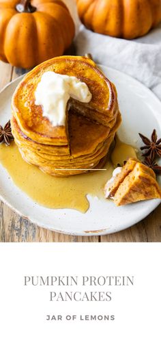 A stack of pumpkin pancakes topped with whipped cream. Pumpkin Protein Pancakes, Pumpkin Protein, Homemade Syrup, Pumpkin Pancakes, Protein Pancakes, Egg Whites, Pumpkin Recipes, Clean Eating Recipes