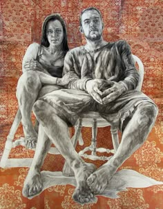 a drawing of a man and woman sitting on a chair in front of a red wall