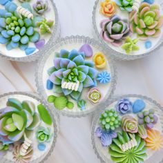 there are four cupcakes decorated with succulents and flowers on them