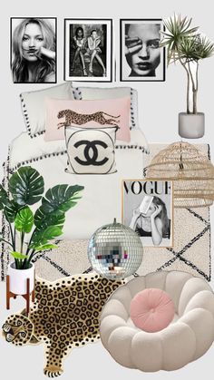 a collage of photos, pictures, and furniture in black and white with pink accents