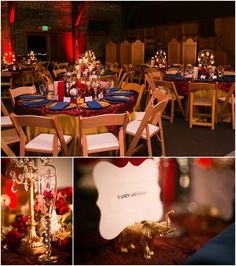 the tables are decorated with gold and red flowers, candles, and place settings for an event