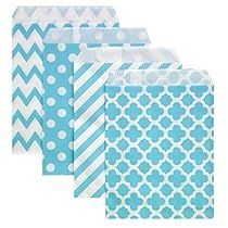 five blue and white paper bags