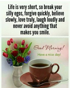 a cup of coffee and some flowers on a saucer with the words good morning have a nice day