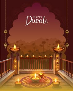 happy diwali greeting card with lit candles on the balcony and palm trees in the background