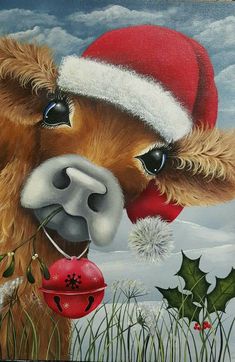 a painting of a cow wearing a santa hat and holding a red ornament