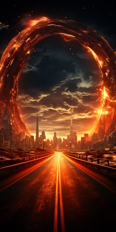 an image of a city at night with fire in the sky and light streaks on the road