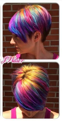 Shot rainbow dyed hair color @jwaierhairartist Funky Hair Colors For Short Hair, Summer 2023 Hair Color Trends Short Hair, Rainbow Hair Color Short, Hair Color Pixie Cut, Rainbow Dyed Hair, Pride Ideas