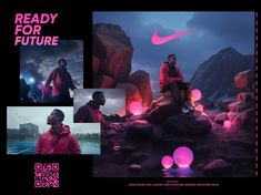 a man sitting on top of a rock next to a pink nike advertisment