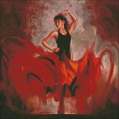 a painting of a woman dancing with her hair blowing in the wind and wearing a black dress