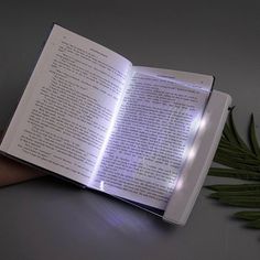 an open book sitting on top of a table next to a green leafy plant