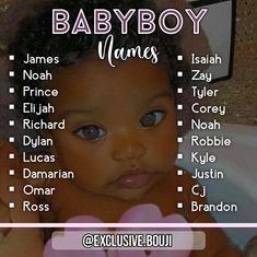 the baby boy name list is shown in pink and white, with an image of his head