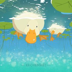 two ducks are swimming in the water near lily pads