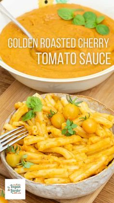 a bowl filled with golden roasted cherry tomato sauce next to another bowl full of pasta