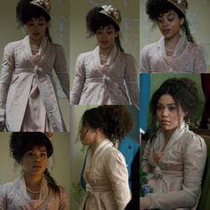 four different pictures of a woman with curly hair wearing a pink dress and white jacket