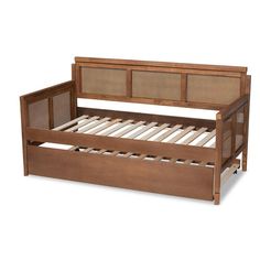 the bed frame is made from wood and has wicker panels on top of it