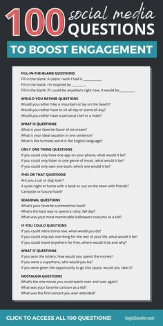 a poster with the words 100 social media questions to host engagement