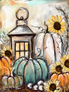 a painting of pumpkins and sunflowers with a lantern