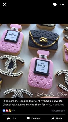 some cookies that are shaped like chanel bags and purses with pearls on them