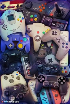 a pile of video game controllers sitting next to each other