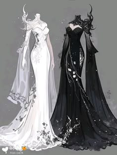 two dresses with long sleeves and capes, one in black and the other in white