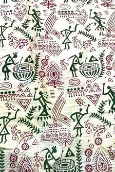 an old cloth with various designs on it and some people in the middle of it