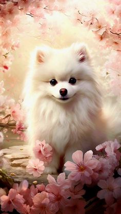 a small white dog sitting in front of pink flowers