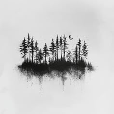 a black and white drawing of trees on a hill with a half moon in the sky