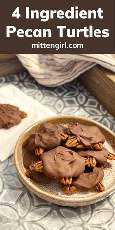 four ingredient pecan turtles on a plate with chocolate frosting and pecans in the background