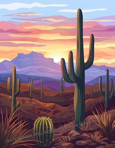 Saguaro National Park AZ Sonoran Desert Sunset Cactus Giclée Art Print 8.5X11 | eBay Desert Sunset Painting, Southwest Art Paintings, Desert Sunset Art, Cactus Flower Painting, Desert Drawing, Sunset Cactus, Desert Landscape Art, Desert Landscape Painting, Landscape Mosaic