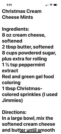 a recipe for christmas cream cheese mints on a sheet of paper with the instructions