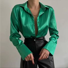 Available: Green Beige Black Blue Brand New Bundle 3 And Get 20% Off! Satijnen Blouses, Green Silk Shirt, Satin Shirts, Blouses Vintage, Long Sleeve Blouses, Satin Bluse, Cardigan Casual, Satin Long Sleeve, Casual Shirt Women