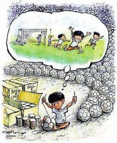 a child is sitting on the ground in front of soccer balls and an empty thought bubble