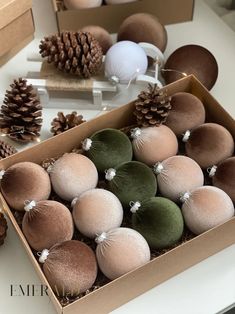 a box filled with lots of different types of christmas ornaments next to pine cones and other decorations