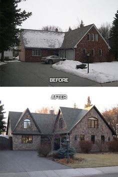 before and after photos of a house with snow on the roof