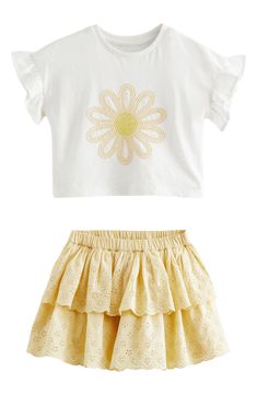 Skirt And T Shirt, Eyelet Skirt, Skirts For Kids, Yellow Skirt, Tier Skirt, Black Wrap Dress, Cotton Skirt, Lemon Yellow