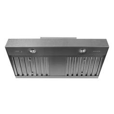 a stainless steel range hood with two lights