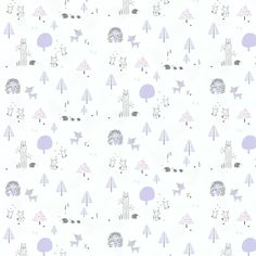 a white wallpaper with trees and animals on the ground in pastel purples