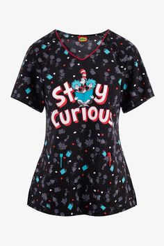 • Modern classic fit • Rounded V-neck • Contrast piping on neckline • 2 front patch pockets • Short sleeve • Front and back angled shoulder yoke • Side vents • Features The Cat in the Hat and Thing 1 and Thing 2 reading books on a dotted black background. Stay Curious • Approximate length for size M is 28 • Manufacturer style TF659-SEQM Made with a sustainable poly-spandex blend, our Tooniforms scrubs are the perfect silky and stretchy background for your favorite cartoons to play. 4-way stretch Thing 1 And Thing 2, Play 4, Stay Curious, The Cat In The Hat, Cat In The Hat