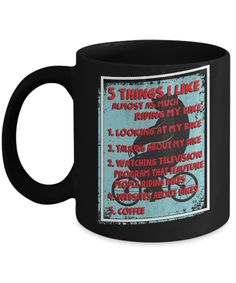 a black coffee mug with the words 5 things i like