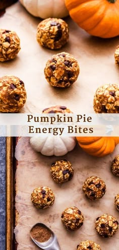 pumpkin pie energy bites on a baking sheet with spoons and pumpkins in the background