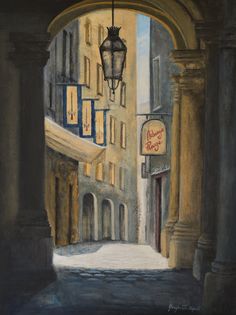 a painting of an alleyway with a lamp post and street sign in the background