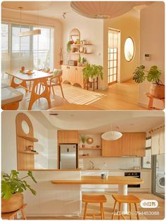 two pictures of the same kitchen and dining room