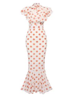 Orange 1930s Polka Dot Fishtail Dress – Retro Stage - Chic Vintage Dresses and Accessories Style Vert, Retro Stage, Vestidos Retro, Fishtail Dress, Standard Dress, Mode Vintage, Denim Pant, Dress Romper, Retro Dress