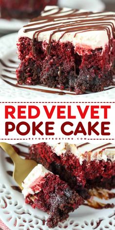 A fudgy brownie meets a moist red velvet cake in this easy dessert idea! This cake flavor will become one of your favorite things to bake. What's not to love about a red velvet poke cake recipe with cream cheese frosting and hot fudge sauce? Cream Cheese Poke Cake, Red Velvet Poke Cake, Velvet Desserts, Easiest Desserts, Hut Ideas, Regular Cake, Red Velvet Desserts, Cheese Brownies